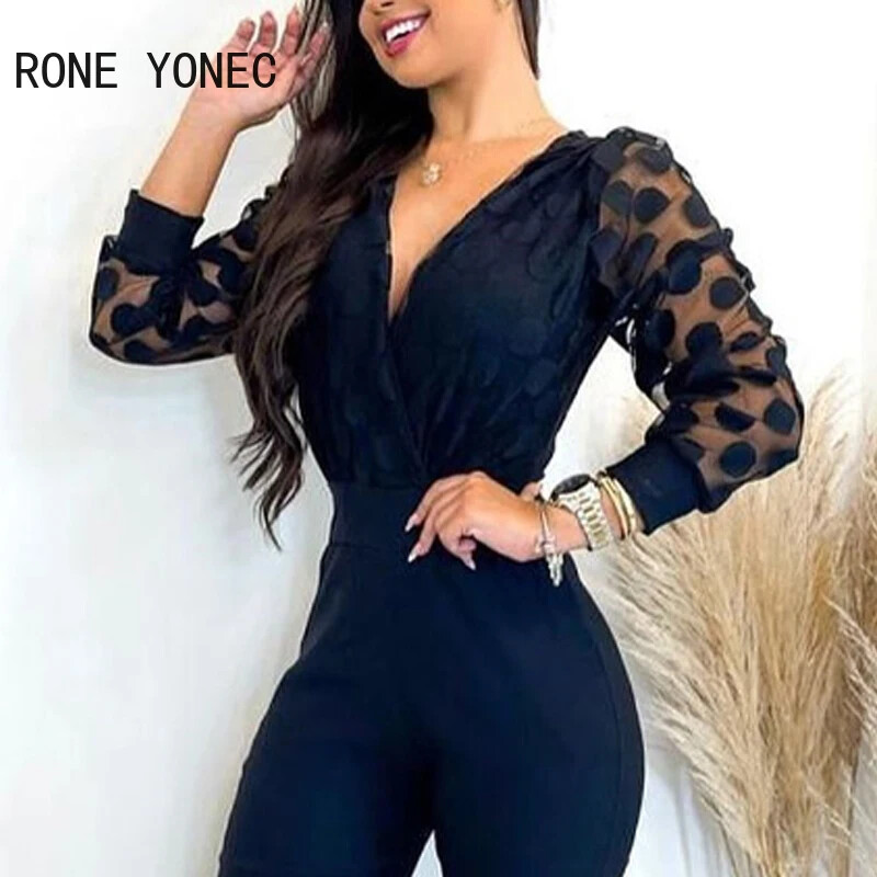 Sieviešu elegants, dziļi V kakla izgriezuma laternas piedurknes ar rāvējslēdzēju, darbīgs šaurs zīmuļa bikses kombinezons