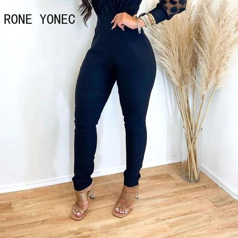 Sieviešu elegants, dziļi V kakla izgriezuma laternas piedurknes ar rāvējslēdzēju, darbīgs šaurs zīmuļa bikses kombinezons