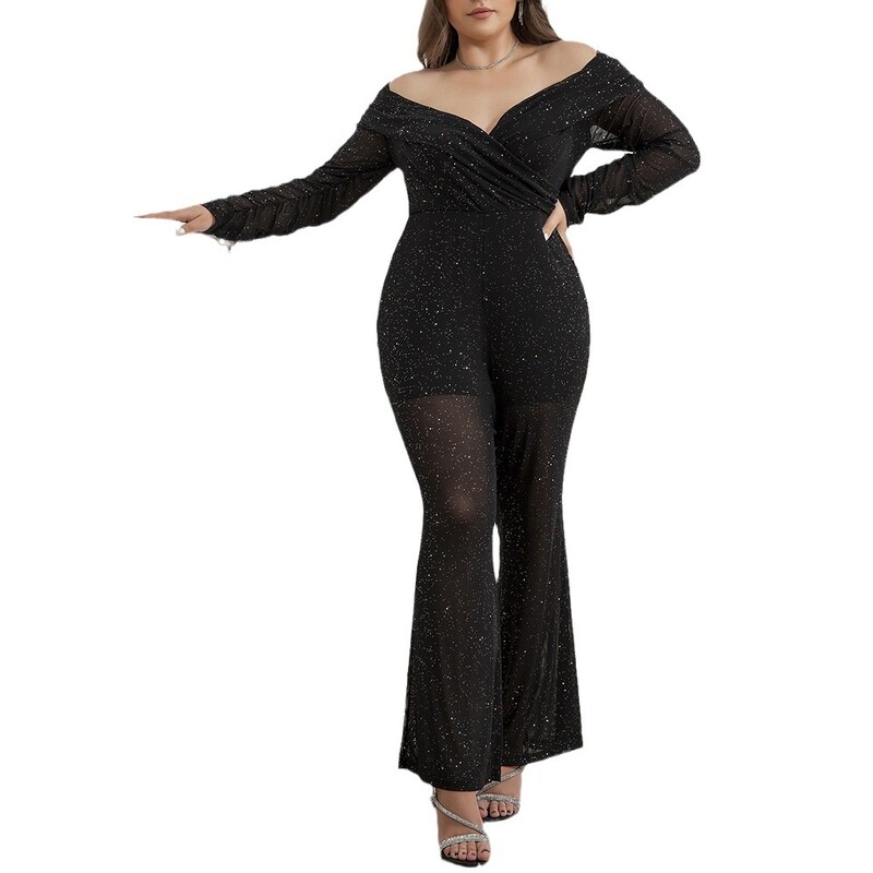 Liela izmēra sieviešu kombinezons Seksīgs temperamenta kombinezons ar garām piedurknēm ballītēm liela izmēra sieviešu kombinezons ar tīklojumu vakara kombinezons