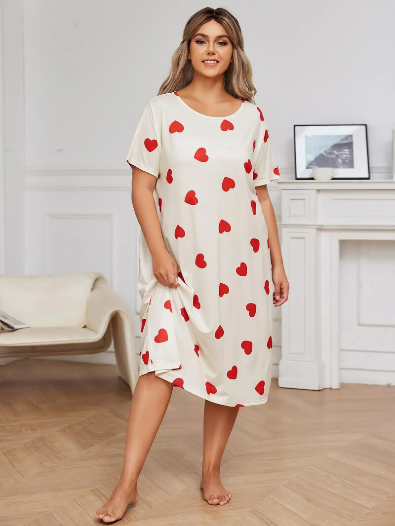 Liela izmēra sirds apdruka sieviešu naktskrekls Scroop Nekc ar īsām piedurknēm naktsveļa sieviešu naktskrekls pidžamas kleita naktsveļa mājas apģērbs