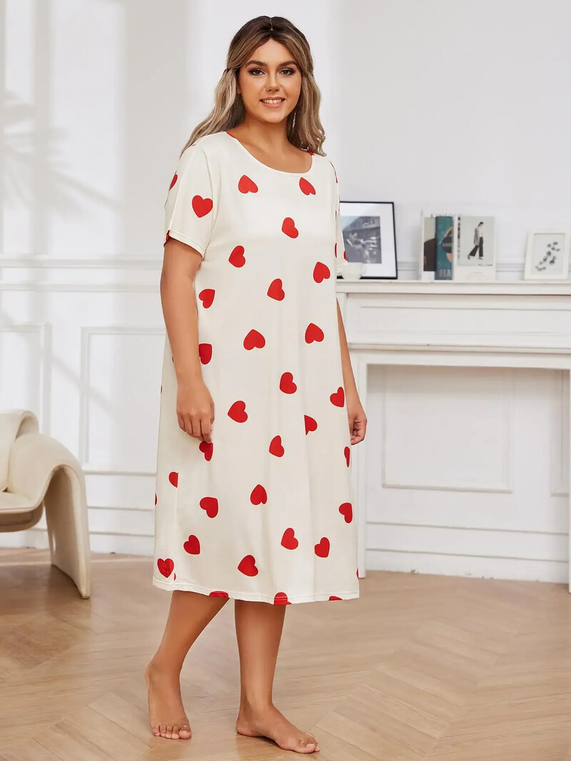 Liela izmēra sirds apdruka sieviešu naktskrekls Scroop Nekc ar īsām piedurknēm naktsveļa sieviešu naktskrekls pidžamas kleita naktsveļa mājas apģērbs