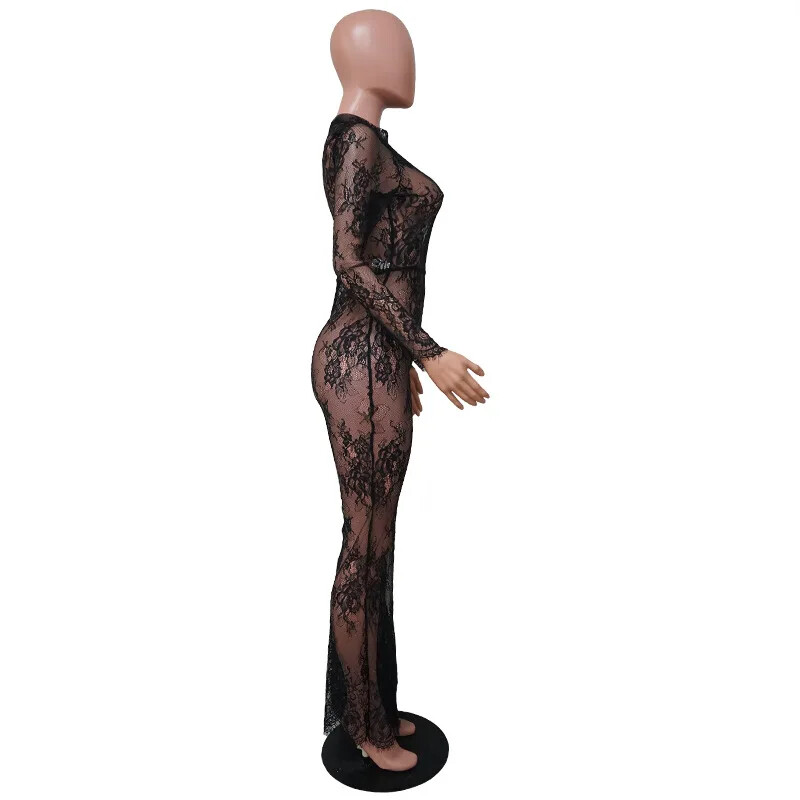 DSMTRC ilgomis rankovėmis vienetiniai kombinezonai plačiomis kojomis moteriški vasariniai drabužiai madingi juodi nėriniai, seksualūs naktinio klubo komplektai