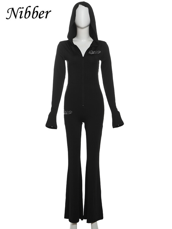 Nibber Rhinestones Patchwork uzliesmojošs kombinezons sievietēm ar kapuci ar rāvējslēdzēju garām piedurknēm, šaurs, elastīgs ikdienas vienkāršs, moderns ielas apģērbs