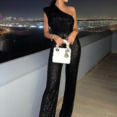 OMSJ Slash Neck One Vállas Jumpsuit csillogó flitteres női esti születésnapi parti Ujjatlan luxus aszimmetrikus feszes nadrág