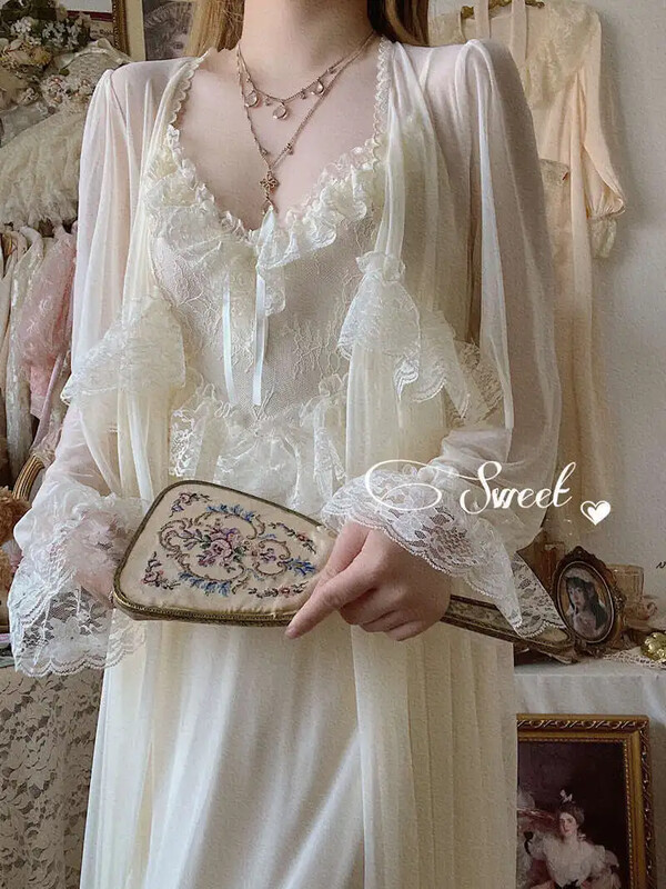 Vintage sieviešu galma stila plāns tills halāts/naktskrekls Sieviešu princešu naktskrekli Pasaku pidžamas guļamveļa sieviešu apģērbs