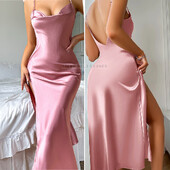 Nyári női hosszú nadrágtartó hálóing Chemise hálóruha Szexi hát nélküli osztott hálóing Fehérnemű Selymes szatén Háziruházat Nappali ruházat