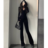 Kombinezonai Moteriški vienetiniai kombinezonai su gobtuvu Ilgos kelnės Bodycon Slim Rompers Splice High Waist Flare Kelnės One Piece Streetwear