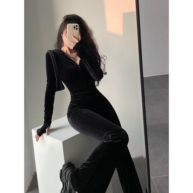 Kombinezonai Moteriški vienetiniai kombinezonai su gobtuvu Ilgos kelnės Bodycon Slim Rompers Splice High Waist Flare Kelnės One Piece Streetwear