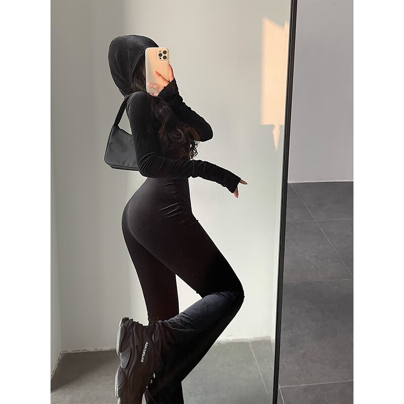 Kombinezonai Moteriški vienetiniai kombinezonai su gobtuvu Ilgos kelnės Bodycon Slim Rompers Splice High Waist Flare Kelnės One Piece Streetwear