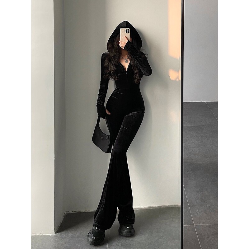 Kombinezonai Moteriški vienetiniai kombinezonai su gobtuvu Ilgos kelnės Bodycon Slim Rompers Splice High Waist Flare Kelnės One Piece Streetwear