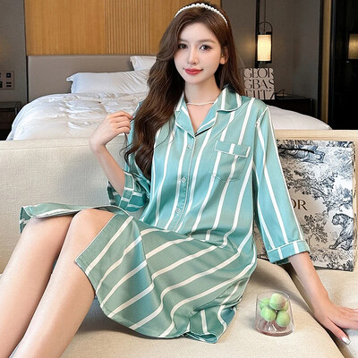 2025. gada vasaras liela izmēra lielizmēra sieviešu naktskrekli ar garām piedurknēm, zīda satīna apdruku