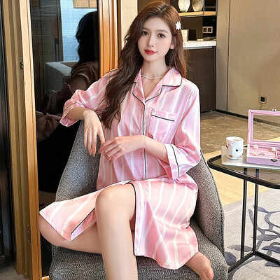 2025. gada vasaras liela izmēra lielizmēra sieviešu naktskrekli ar garām piedurknēm, zīda satīna apdruku