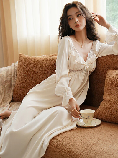 Sieviešu franču vintage princeses guļamveļa sieviešu pavasara rudens gara zīda pidžamas naktskleita pasaku volāni mežģīnes Viktorijas laika naktskrekli