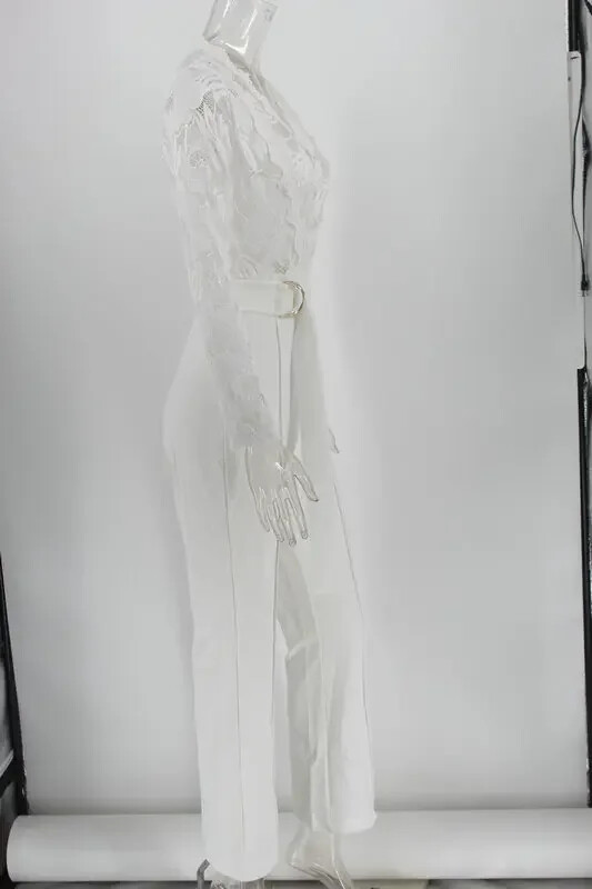 Jaunums Kombinezonā Sieviešu balts Kombinezons Ballīte Mežģīnes Romperi Bodijs Viengabala Garās Piedurknes V veida kakla Garas Bikses Y2k Elegants pavasara darbs