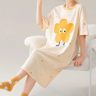 100% KOKVILNA! M-4XL Liela izmēra vasaras sieviešu naktskrekls Jauns antibakteriāls HQ naktskrekls ar īsām piedurknēm guļamkrekls ikdienas kleita