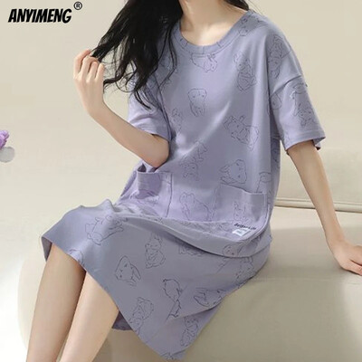 100% KOKVILNA! M-4XL Liela izmēra vasaras sieviešu naktskrekls Jauns antibakteriāls HQ naktskrekls ar īsām piedurknēm guļamkrekls ikdienas kleita