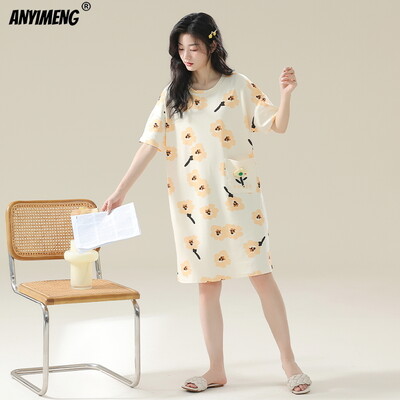 100% PUUVILL! M-4XL suures suuruses suvine naiste lühikeste varrukatega magamissärk vabaaja kleit Öösärk uhiuus antibakteriaalne HQ öösärk