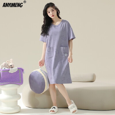100% PUUVILL! M-4XL suures suuruses suvine naiste lühikeste varrukatega magamissärk vabaaja kleit Öösärk uhiuus antibakteriaalne HQ öösärk