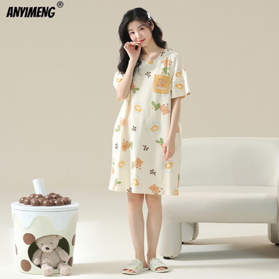 100% PUUVILL! M-4XL suures suuruses suvine naiste lühikeste varrukatega magamissärk vabaaja kleit Öösärk uhiuus antibakteriaalne HQ öösärk