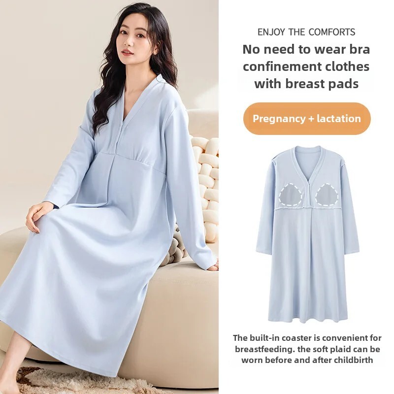 Jauna modes pavasara rudens tīras kokvilnas elpojošs guļamveļa krūšu spilventiņš garām piedurknēm naktskrekls sieviešu mājas apģērbs virsdrēbes