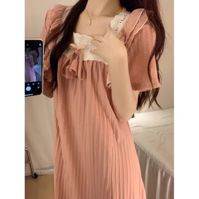 Uus suveprintsessi stiilis õhuke lühikeste varrukatega naiste öösärk Sweet keskmise pikkusega üle põlve ulatuv kodukleit naistele