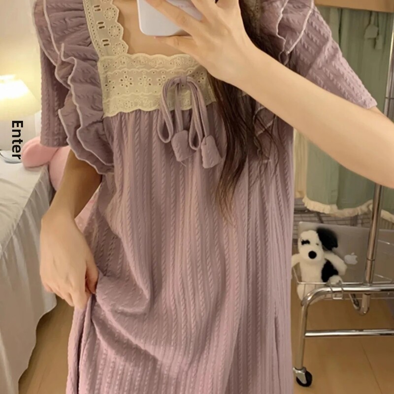 Uus suveprintsessi stiilis õhuke lühikeste varrukatega naiste öösärk Sweet keskmise pikkusega üle põlve ulatuv kodukleit naistele