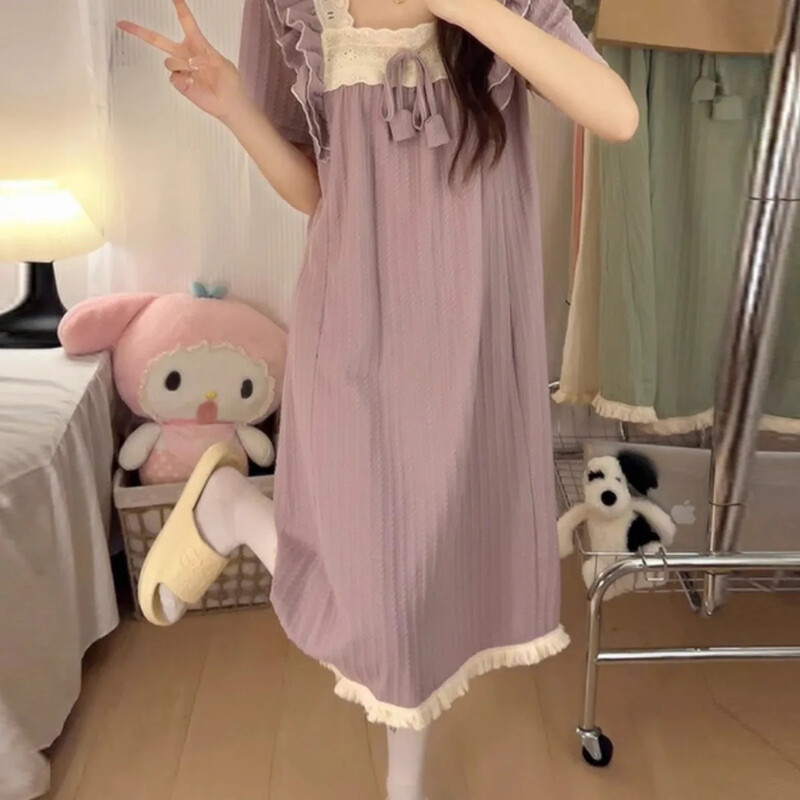 Uus suveprintsessi stiilis õhuke lühikeste varrukatega naiste öösärk Sweet keskmise pikkusega üle põlve ulatuv kodukleit naistele