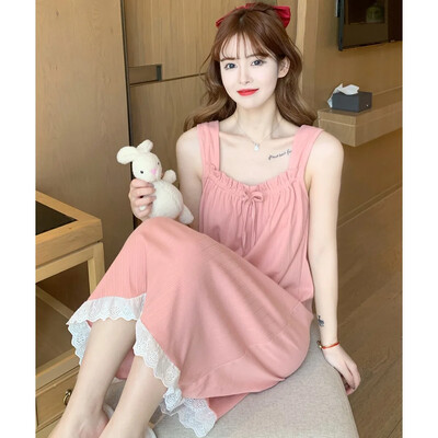 2024. gada vasaras Sieviešu Svītvīda stila tīras kokvilnas seksīgs franču naktskrekls, kleita, kvadrātveida apkakle, bez piedurknēm, mājas apģērbs