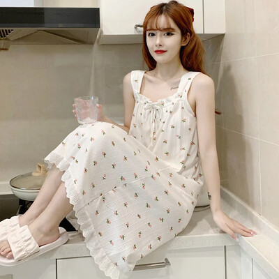 2024. gada vasaras Sieviešu Svītvīda stila tīras kokvilnas seksīgs franču naktskrekls, kleita, kvadrātveida apkakle, bez piedurknēm, mājas apģērbs