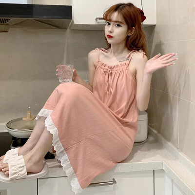 2024. gada vasaras Sieviešu Svītvīda stila tīras kokvilnas seksīgs franču naktskrekls, kleita, kvadrātveida apkakle, bez piedurknēm, mājas apģērbs