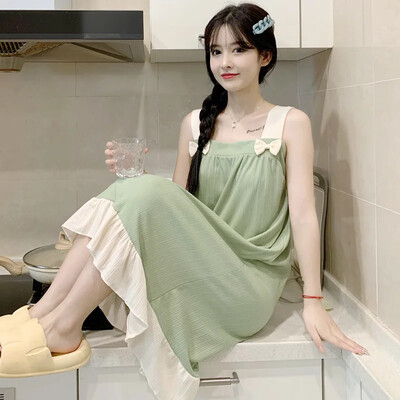 2024. gada vasaras Sieviešu Svītvīda stila tīras kokvilnas seksīgs franču naktskrekls, kleita, kvadrātveida apkakle, bez piedurknēm, mājas apģērbs