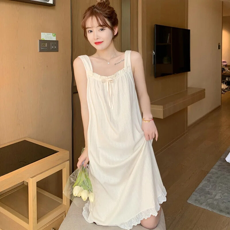 2024. gada vasaras Sieviešu Svītvīda stila tīras kokvilnas seksīgs franču naktskrekls, kleita, kvadrātveida apkakle, bez piedurknēm, mājas apģērbs