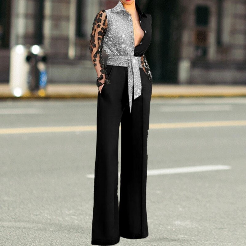 Eleganti sieviešu kombinezoni 2023. gada rudenī ar garām piedurknēm ar apdruku jostu Biroja dāmu kombinezoni pavasara ikdienas rotaļu tērpi