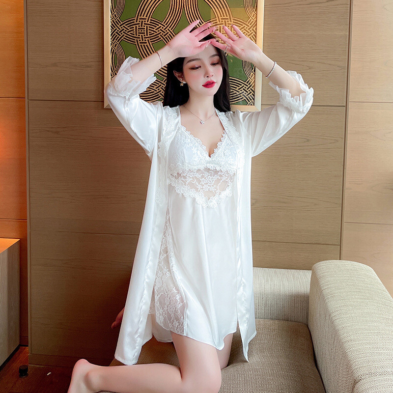 Pruudi pulmapesu V-kaelusega salongiriided pits 2 TK Rüü ülikond koos rihmaga öösärgiga Seksikas kimono hommikumantli kleit mini magamisriided