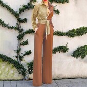 Sieviešu kombinezons ar platām kājām garām piedurknēm, nolaižamām apkaklītēm, spīdīgs raibs krāsains jostas kabatas kombinezons, ielas apģērbs