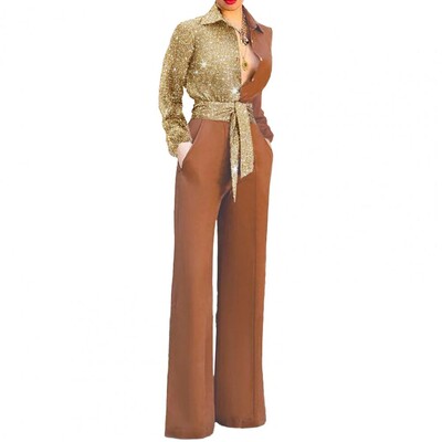 Sieviešu kombinezons ar platām kājām garām piedurknēm, nolaižamām apkaklītēm, spīdīgs raibs krāsains jostas kabatas kombinezons, ielas apģērbs