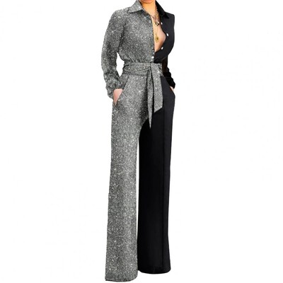 Sieviešu kombinezons ar platām kājām garām piedurknēm, nolaižamām apkaklītēm, spīdīgs raibs krāsains jostas kabatas kombinezons, ielas apģērbs