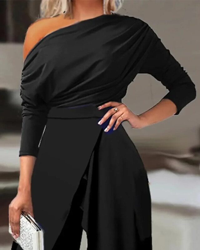 2025. gada pavasara kombinezoni sievietēm Vienkāršs, elegants biroja sieviešu kombinezons ar platām kājām