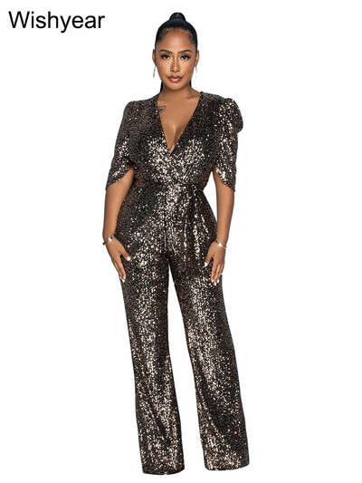 Seksīga nakts kluba ballītes vakara viengabala sieviešu kombinezons ar fliteriem, pufs ar puspiedurknēm ar V veida kakla izgriezumu, platām kājām