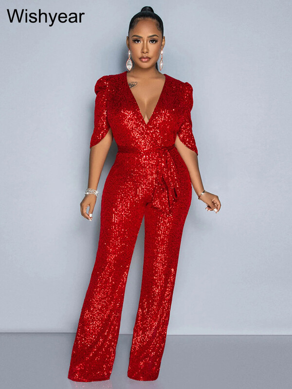 Seksīga nakts kluba ballītes vakara viengabala sieviešu kombinezons ar fliteriem, pufs ar puspiedurknēm ar V veida kakla izgriezumu, platām kājām