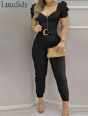 Kombinezons ar rāvējslēdzēju ar V veida kakla izgriezumu, priekšpuse ar piedurknēm ar jostu