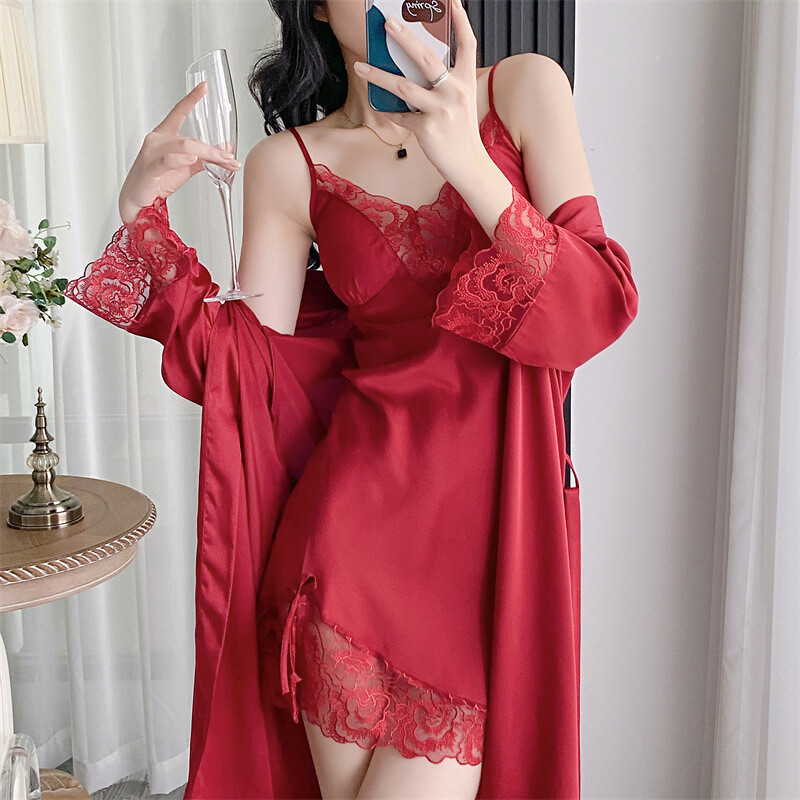 Twinset pitsist hommikumantli komplekt Naiste hommikumantel Öösärk pesu magamisriiete komplekt suvine kimono siidine satiin Ööülikonnad Kleit puhkeriided