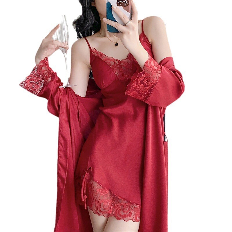 Twinset pitsist hommikumantli komplekt Naiste hommikumantel Öösärk pesu magamisriiete komplekt suvine kimono siidine satiin Ööülikonnad Kleit puhkeriided