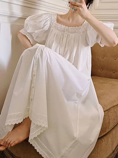 Sieviešu naktskleita pavasara rudens tīras kokvilnas garām piedurknēm Peignoir romantiski vintage naktskrekli naktskrekli guļamveļa Princeses naktsveļa