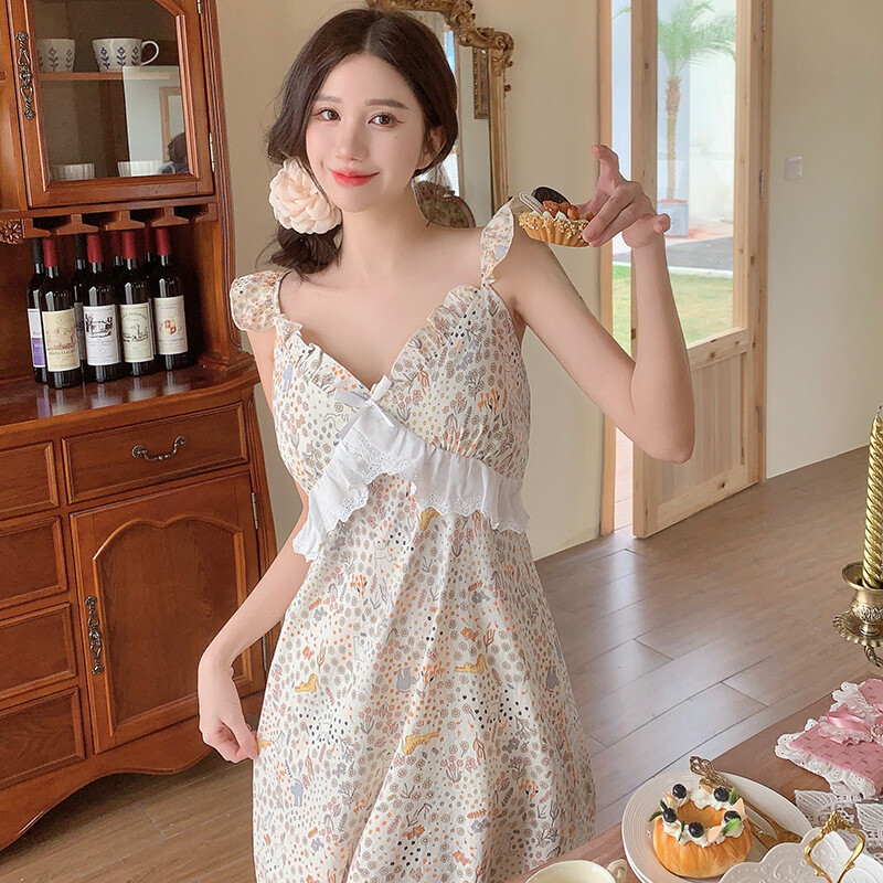 Suvi rinnakattega varrukateta öösärk naiste pidžaamad naiste pidžaama magusad ööriided tüdrukutele magamisriided Korea kodukleit