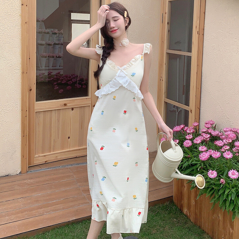 Suvi rinnakattega varrukateta öösärk naiste pidžaamad naiste pidžaama magusad ööriided tüdrukutele magamisriided Korea kodukleit