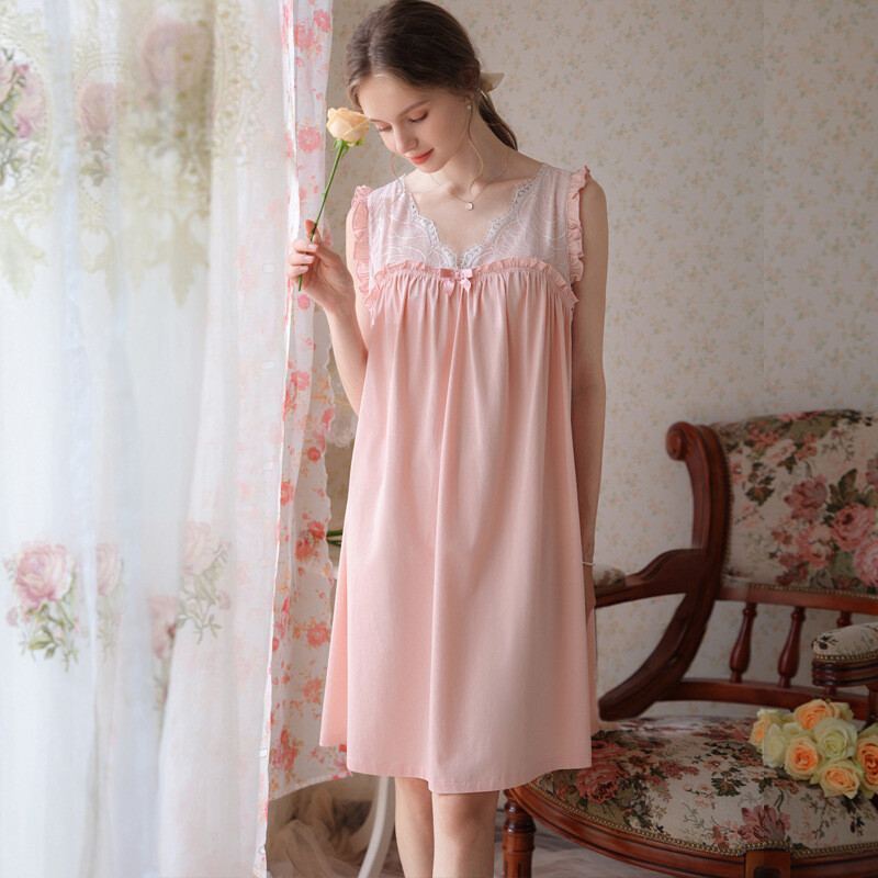 Sieviešu kokvilnas guļamveļa Seksīga mežģīņu volāni bez piedurknēm Kawaii nakts princeses naktsveļa Īss naktskrekls Vasaras salda naktskleita