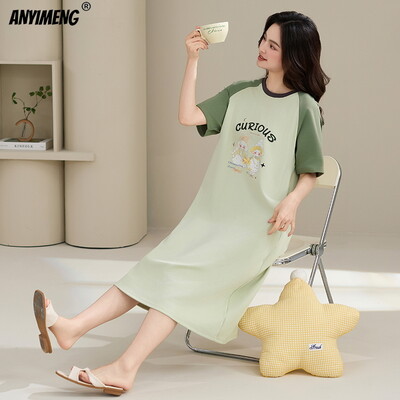 HQ 100% kokvilnas sieviešu naktskrekli vasaras īsām piedurknēm guļamkrekls karikatūra naktskrekls M-4XL liela izmēra garie topi Sieviešu apakšveļas kleita