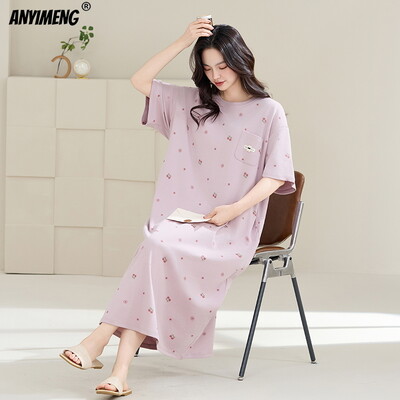 HQ 100% kokvilnas sieviešu naktskrekli vasaras īsām piedurknēm guļamkrekls karikatūra naktskrekls M-4XL liela izmēra garie topi Sieviešu apakšveļas kleita