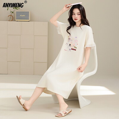 HQ 100% kokvilnas sieviešu naktskrekli vasaras īsām piedurknēm guļamkrekls karikatūra naktskrekls M-4XL liela izmēra garie topi Sieviešu apakšveļas kleita